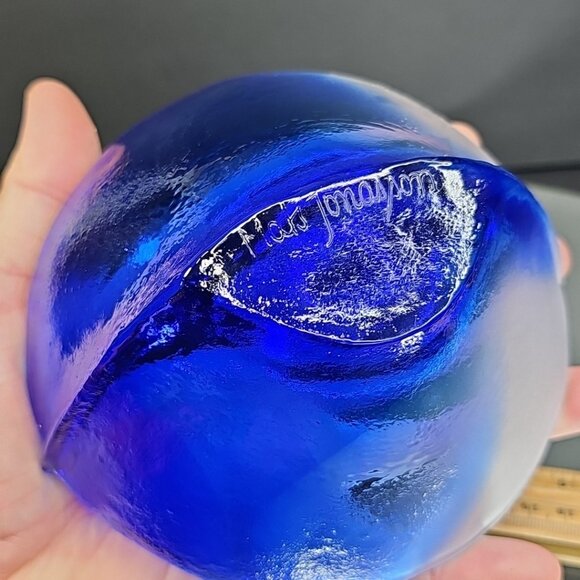 Mats Jonasson Hand Blown Glass Cobalt Blue White Dish Bowl Signed Nautical Ship - Picture 4 of 15